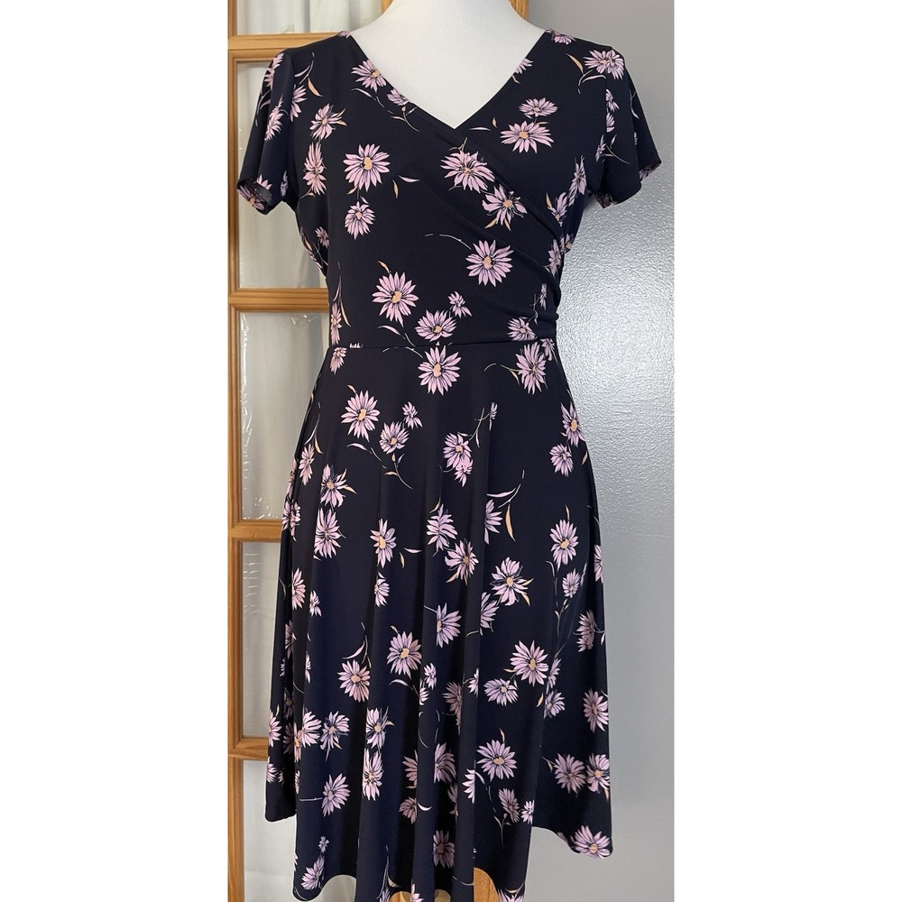 Vtg 80s Kaileigh Floral Dress Sz M Navy Pink V Neck Short Sleeve Cottage City